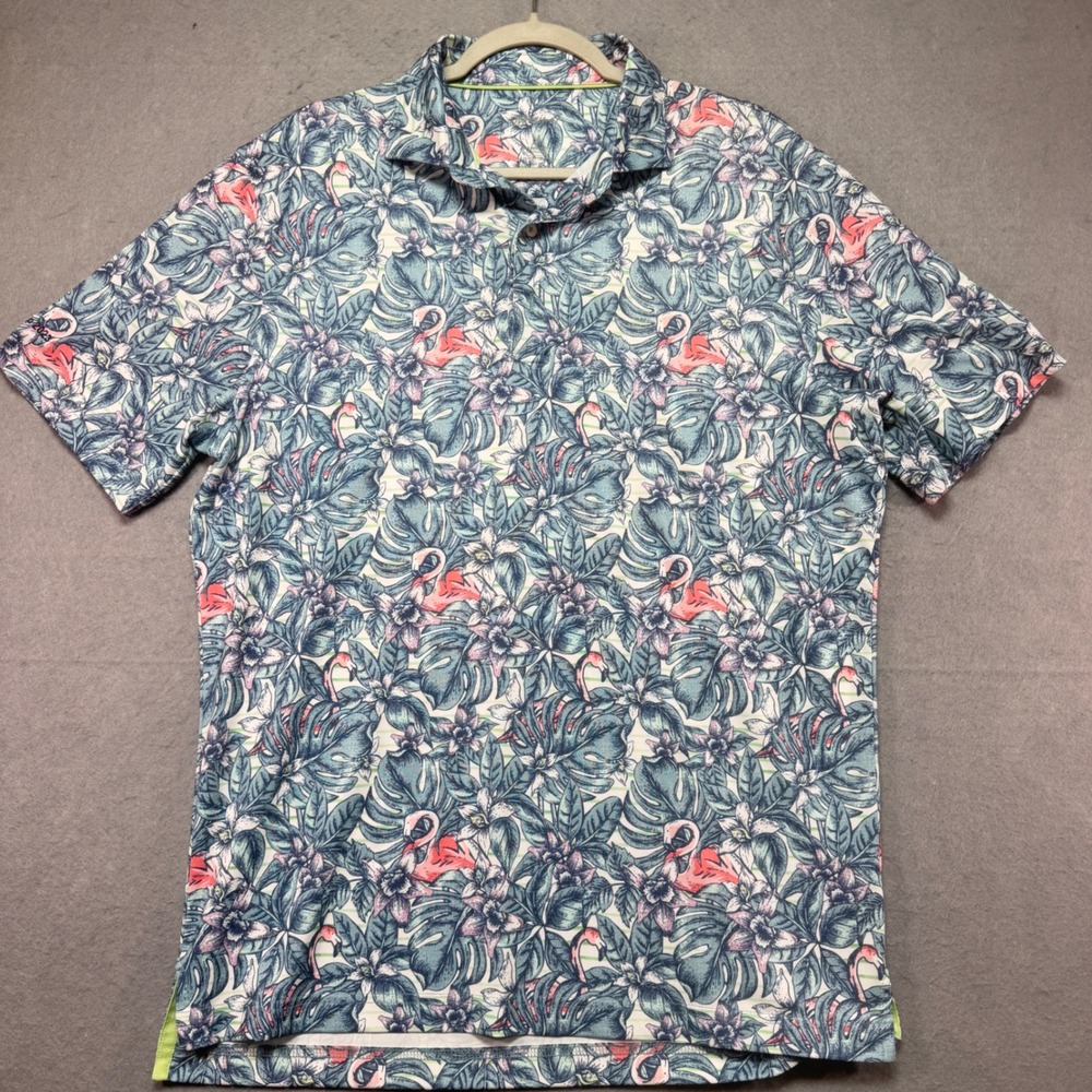 Johnnie O Mens Presidents Cup 2023 Golf Polo Shirt Tropical Flamingo Blue Green
